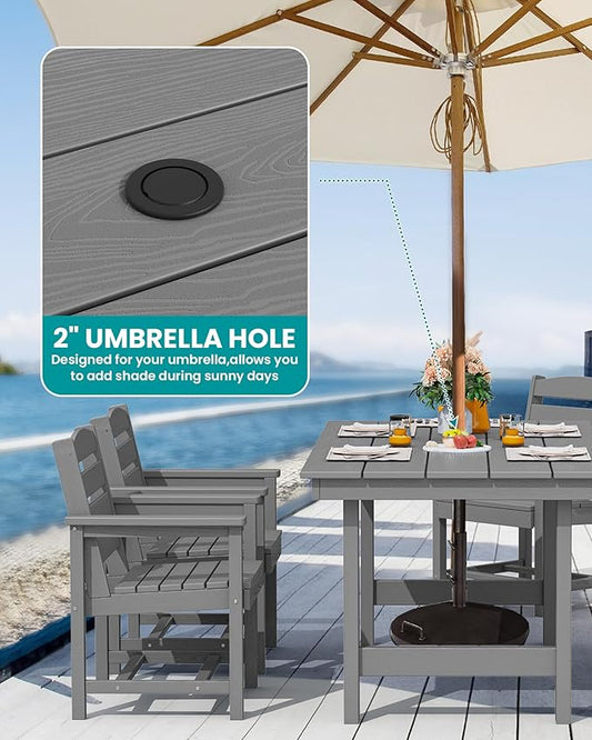 SERWALL 8-Piece Patio Dining Sets with 15FT Double Side Patio Umbrella, Outdoor HDPE Dining Furniture Set with Umbrella Hole Cut-Out Table and 6 Chairs, Gray（Umbrella Base not Included）