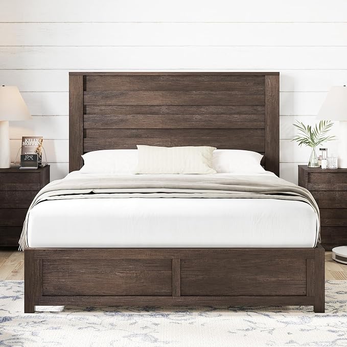 AMERLIFE 2-Piece Farmhouse Bedroom Set, Queen Size Bed Frame and 6 Drawer Dresser, Platform Bed with 49" Fluted Headboard, 54" Wide Wood Chest of Drawer for Bedroom, Grey