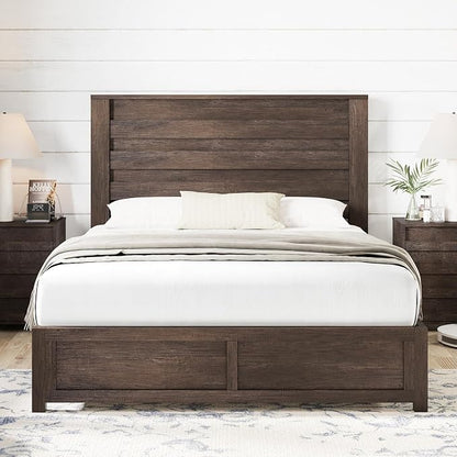 AMERLIFE 2-Piece Farmhouse Bedroom Set, Queen Size Bed Frame and 6 Drawer Dresser, Platform Bed with 49" Fluted Headboard, 54" Wide Wood Chest of Drawer for Bedroom, Grey