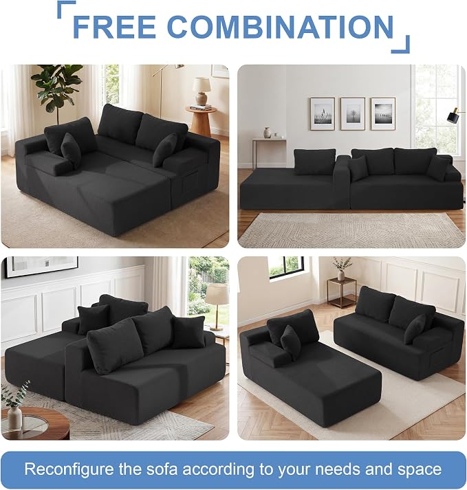 Hobestluk Modular Sectional Sofa Couches L-Shape Couch 3 Seat Modular Sofa Memory Foam Sectional Couches for Living Room, Cloud Couch with Oversized Chaise (Black Smooth, 96", Left Hand Facing)