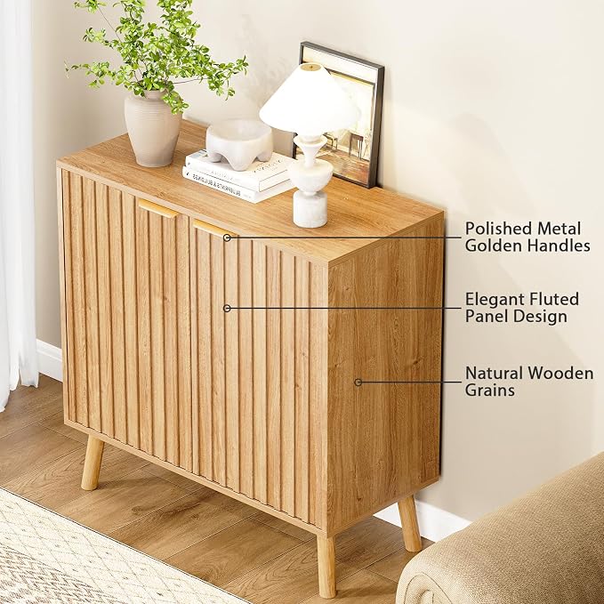 Fluted Storage Cabinet, Buffet Cabinet with Storage, Wood Sideboard with Adjustable Shelf, Modern Accent Cabinet & Console Table for Entryway, Living Room, Dining Room, Natural
