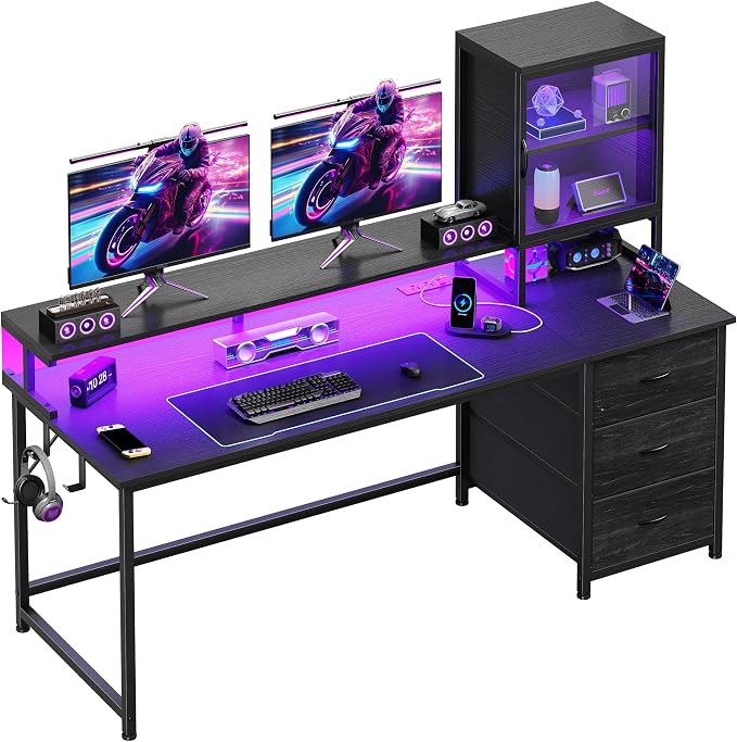 DurayLoly 55" Black Computer Desk with 2 Acrylic Cabinet & 3 Fabric Drawers | Integrates Ample Storage & Display, Great Fit for Small Spaces, Outlets Suitable for Studying, Working & Gaming Equipments
