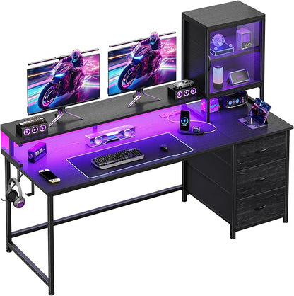 DurayLoly 55" Black Computer Desk with 2 Acrylic Cabinet & 3 Fabric Drawers | Integrates Ample Storage & Display, Great Fit for Small Spaces, Outlets Suitable for Studying, Working & Gaming Equipments