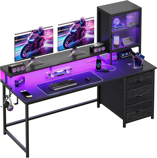 DurayLoly 55" Black Computer Desk with 2 Acrylic Cabinet & 3 Fabric Drawers | Integrates Ample Storage & Display, Great Fit for Small Spaces, Outlets Suitable for Studying, Working & Gaming Equipments