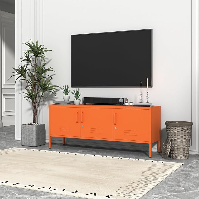 3 Door TV Standwith Storage Locke Metal TV Cabinet with 2-Tier Multi-Purpose Lockable Wide Storage Cabinet, Media Console Table with Metal Legs for Living Room, Bedroom,Office,Orange