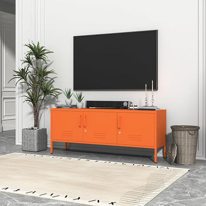 3 Door TV Standwith Storage Locke Metal TV Cabinet with 2-Tier Multi-Purpose Lockable Wide Storage Cabinet, Media Console Table with Metal Legs for Living Room, Bedroom,Office,Orange