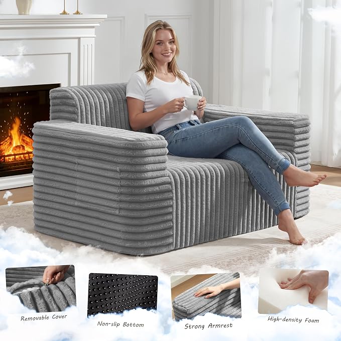 ZurNesfure Sofa Couch Cloud Loveseat, Memory Foam Couch with Pillow No Assembly Need, Modern Couch with deep seat and Washable Cover Boneless Sofas for Living Room Bedroom Apartment (Grey,Loveseat)