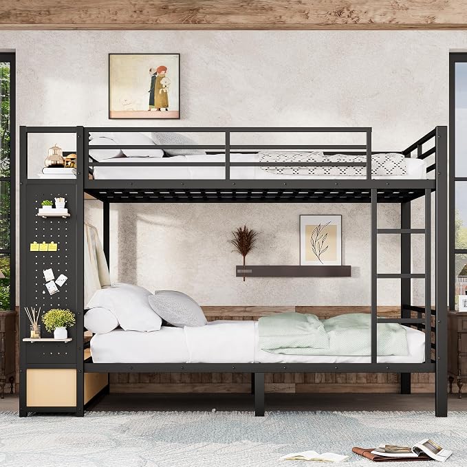 Bellemave Queen Over Queen Metal Bunk Bed with Storage Drawers and Shelves, Heavy Duty Bunk Beds with Pegboard and Coat Rack for Kids, Adults,Black
