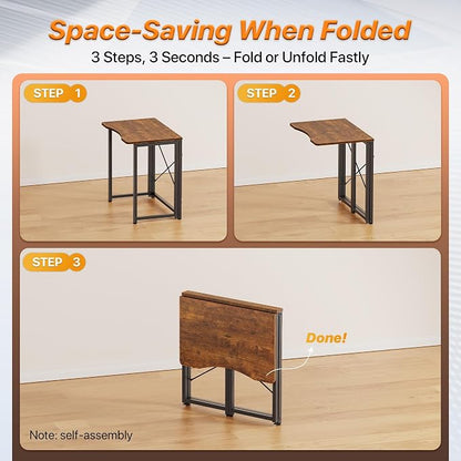 Huuger Folding Desk for Small Spaces, 23.6 Inch Foldable Computer Table, for Home Office, Study, Bedroom, Dorm, Space Saving, Small Writing Work Office Computer Desk, Easy to Fold, Rustic Brown