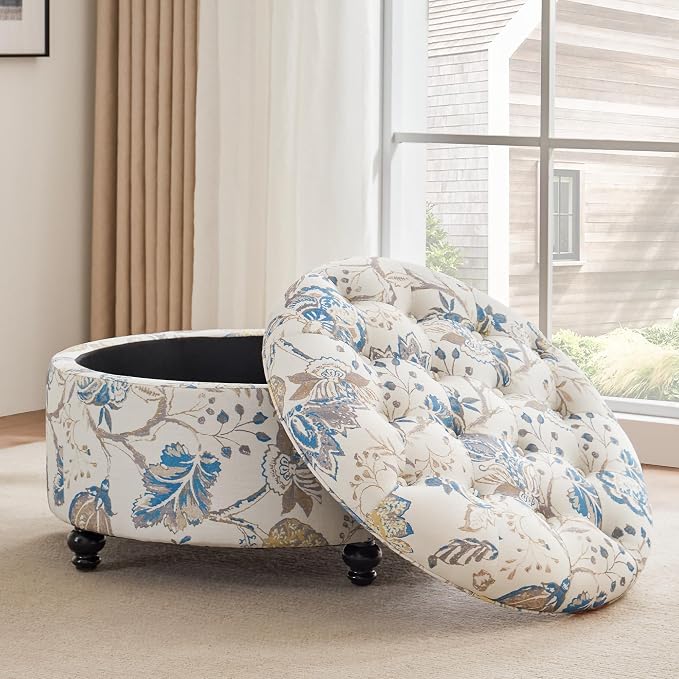 HUIMO 30-Inch Round Storage Ottoman, Modern Button Tufted Coffee Table with Removable Top, Upholstered Ottoman with Storage Footrest Stool for Living Room, Bedroom and Office(Blue Flower)