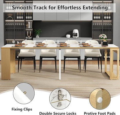 Extendable Dining Table, Transformer Folding Console Table for 2-8 People, 17"-112" Space Saving Dining Room Table, Wood White Faux Marble Dining Table, Kitchen and Dining Room Furniture (No Chairs)