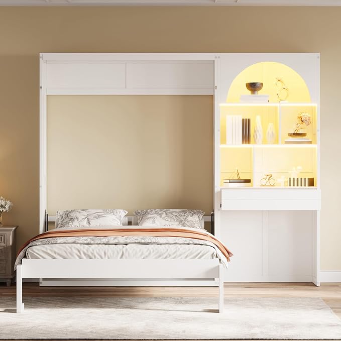 Merax Wood Multi-Functional Murphy Bed with Cabinets & a Drawer,White+Black | Queen Size Farmhouse Foldable Wall Bed with Upholstered Headboard / No Box Spring Needed / Space Saving