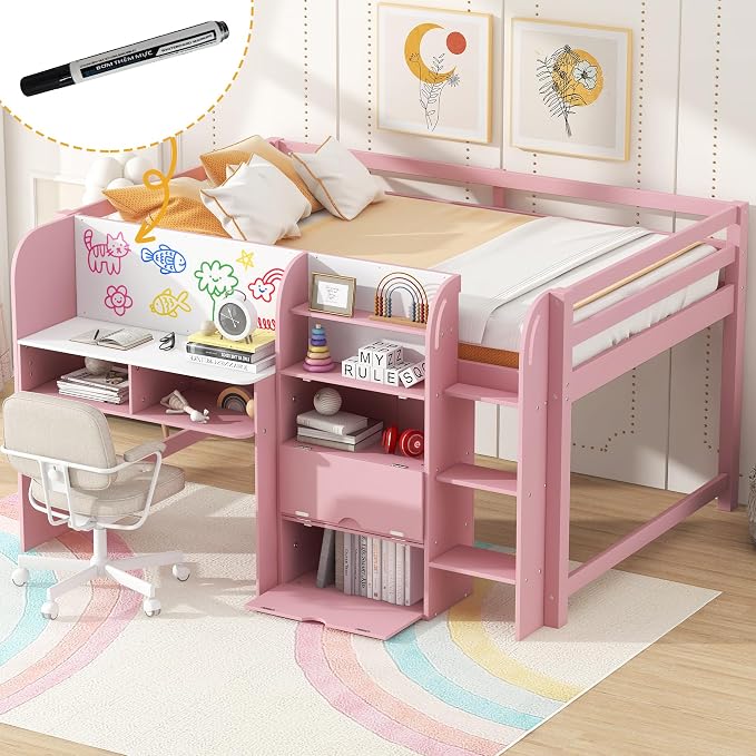 Bellemave Full Size Low loft Bed for Kids,Wood Modern Farmhouse Full Loft Bed with Desk, Storage Cabinets,Bookcase, No Box Spring Needed, Pink