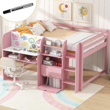 Bellemave Full Size Low loft Bed for Kids,Wood Modern Farmhouse Full Loft Bed with Desk, Storage Cabinets,Bookcase, No Box Spring Needed, Pink
