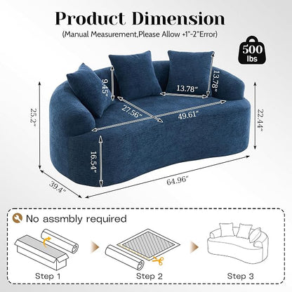 65" Curved Loveseat for Small Spaces,Boneless Loveseat Sofa,Wood Grain Chenille Fabric, No Installation Requirement, Curved Sofa Couch for Apartment,Living Room,Office (Blue, 65")