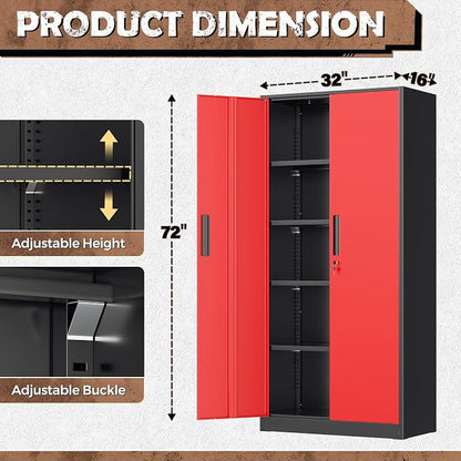 INTERGRAET Metal Storage Cabinet with Adjustable Shelves, Garage Storage Cabinets with Doors and Shelves, File Cabinets for Home Office, Kitchen Pantry Cabinet, 72''H, Black Red