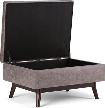 SIMPLIHOME Owen Coffee Table Storage Ottoman - 34" Wide x 19" High Upholstered Vegan Leather Rectangular Lift-Top Ottoman in Distressed Grey Taupe, Mid-Century Modern Bench with Tapered Legs