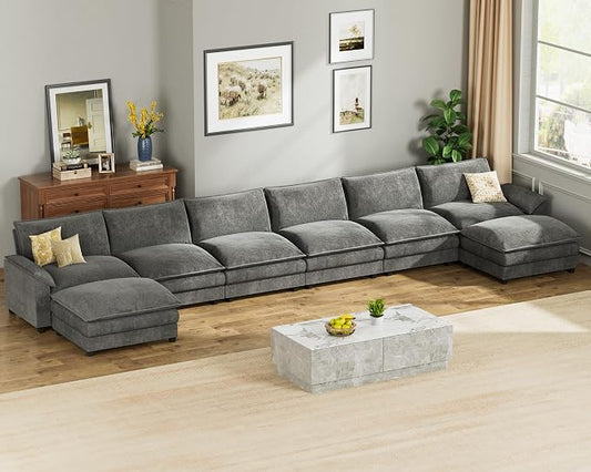 Homall 232" Modular Sectional Sofa, Oversized Sofa Couch with Reversible Ottoman, DIY Combination Chenille Deep 6-Seat Cloud Couch for Living Room, Apartment (Light Grey, Oversized Sofa)