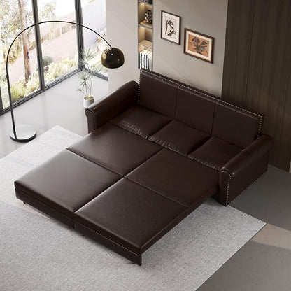 93.7" King Pull Out Sofa Bed, Faux Leather Sleeper Sofa Couch, 3 in 1 Convertible Futon Couches for Living Room, Small Space, Apartment, Office, Bedroom, Modern Rivet Armrest, Dark Brown