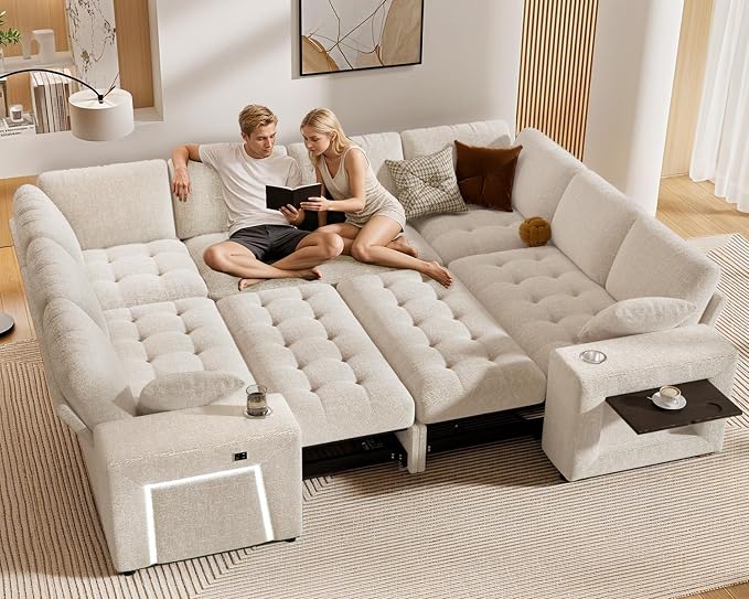 Vipbear 111" Modular Sectional Sleeper Sofa with Pull Out Bed, 8 Seat Chenille U Shaped Couch with 2 Pull-Out Beds|USB Ports|Cup Holders|Side Table|LED Light, Tool Free Assembly, Beige