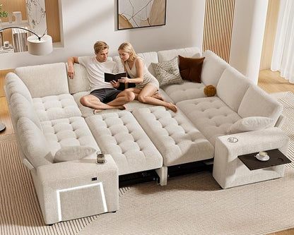 Vipbear 111" Modular Sectional Sleeper Sofa with Pull Out Bed, 8 Seat Chenille U Shaped Couch with 2 Pull-Out Beds|USB Ports|Cup Holders|Side Table|LED Light, Tool Free Assembly, Beige