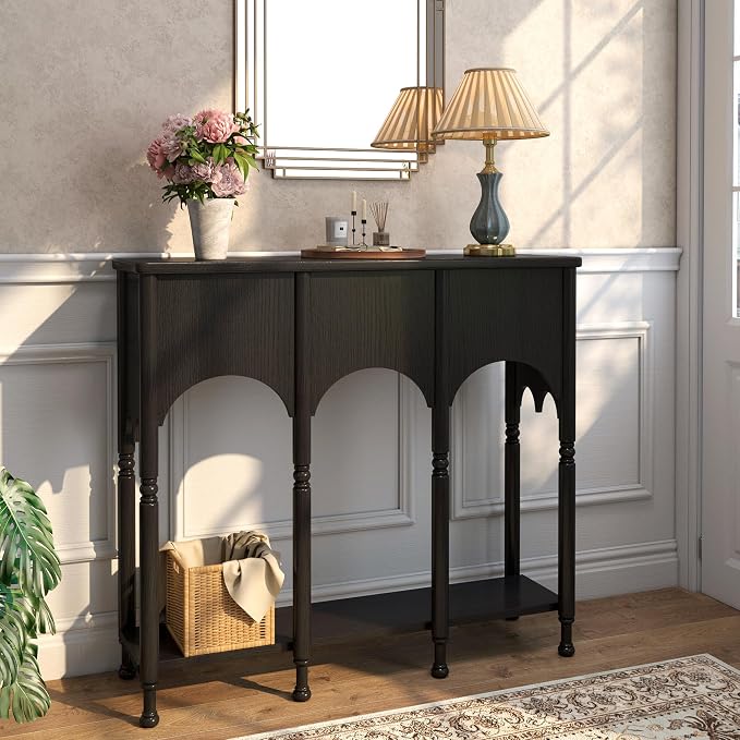 40" Console Table with Storage Shelf, Retro Entryway Table, Wooden Sofa Table with Roman-Style Legs for Living Room, Hallway, Black