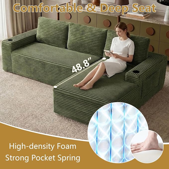 104" Cloud Sectional Couch L-Shaped with Side Pockets Cup Holders, Corduroy Boneless Couch for Living Room,Upholstered Deep-Seat Modular Sectional Sofa, No Assembly Required(Green,Right Facing Chaise)