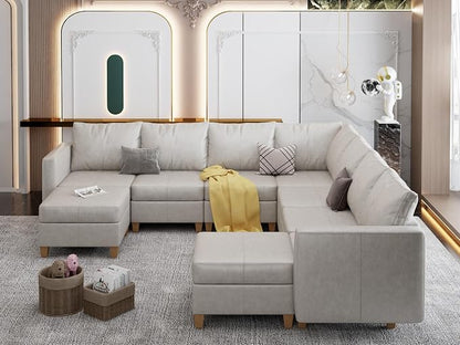 EASE MOOSE Leather Sectional Couch Sofa with Storage,Faux Leather Modualr Sectional Sofa Brown U Shaped Modular Couch,Whitesand