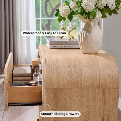 T4TREAM Fluted Dresser with 3 Drawers, 32" Tall Modern Chest of Drawers with Thickened Curved Profile Design, Wood Closet Clothes Storage Organizer for Bedroom, Living Room, Hallway, Natural Oak