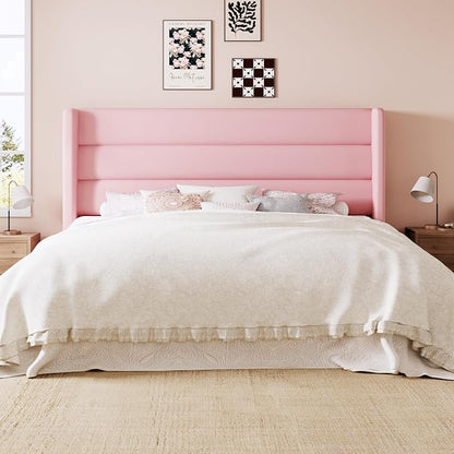 Allewie Queen Size Platform Bed Frame with Velvet Upholstered Wingback Headboard, No Box Spring Needed, Under Bed Storage Space, Strong Wooden Slats, Modern Mattress Foundation, Easy Assembly, Pink