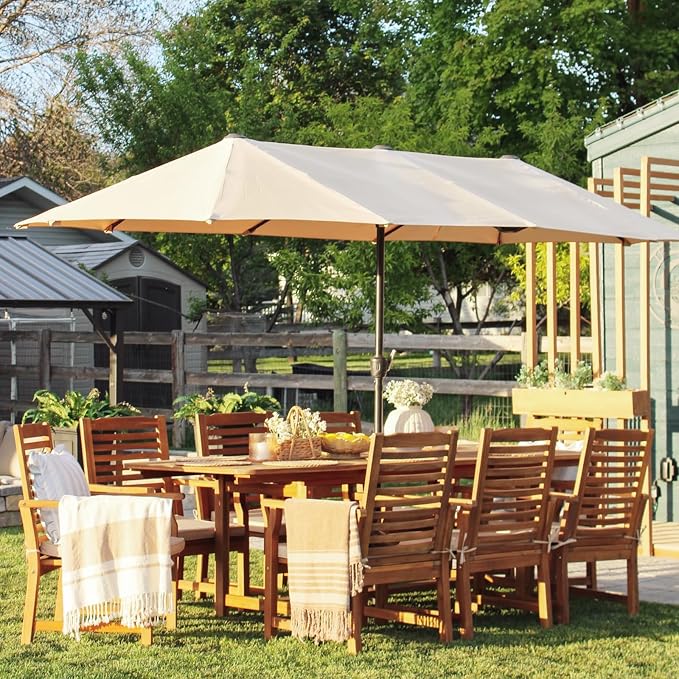 PHI VILLA 9pc Outdoor Dining Set, Expandable Wood Table w/Umbrella Hole | Acacia wood teak patio furnitue set for 8. Perfect for patio, deck, porch, backyard. Chairs with cushions