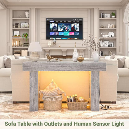 Unikito 47" Entryway Table with Socket and Sensor Light, Narrow Console Table with Storage Behind Couch, Farmhouse Entry Way Tables with Open Storage for Entrance/Hallway/Living Room, White Oak