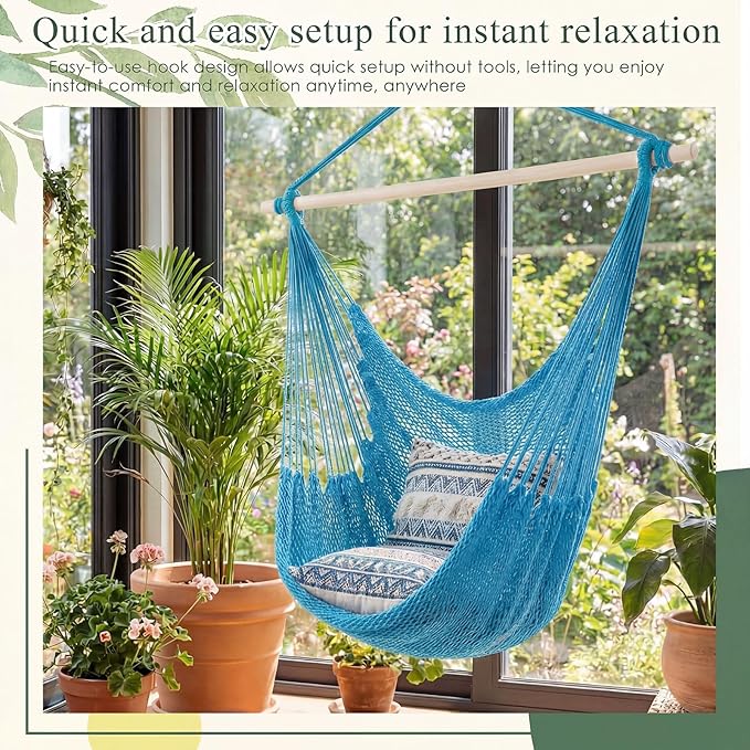 Barydat 2 Pcs Hanging Hammock Chair Boho Swing Chair Outdoor Indoor Comfy Soft Cotton Rope Weaving with 40 Inch Detachable Metal Bars for Backyard Living Room Garden, 270lb Capacity (Blue)