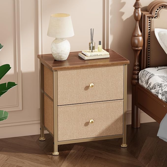 DUMOS Nightstand Set of 2, Bedside Table for Bedroom, Small Dresser | Side/End Table with 2 Fabric Drawers, Storage Cabinet Furniture, 20 Inch Night Stand for Closet, Entryway, Khaki 2Pack