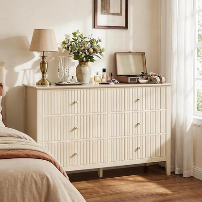 RoyalCraft Beige 6 Drawer Dresser, Fluted Modern Wood Chest of Drawers, Long Dresser for Bedroom TV Stand Storage Cabinet for Living Room