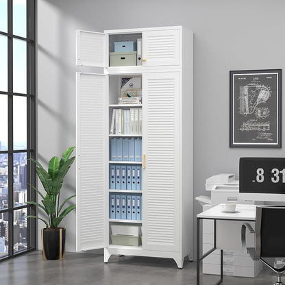 SteeLoong Kitchen Pantry Cabinet,90" Metal Storage Cabinet with Doors and 5 Adjustable Shelves,White Tall Locker Organizer Steel Garage Cabinets for Tool,File Cabinet for Office,Kitchen,Garage,School