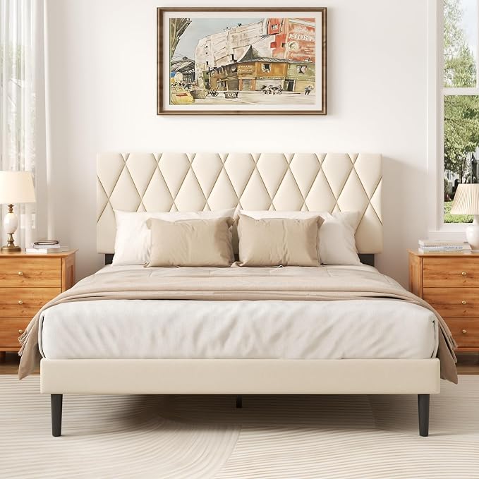 CXVX Full Size Bed Frame with Diamond Tufted Headboard, Velvet Upholstered Platform Bed and Wooden Slat Support, Noise-Free, No Box Spring Needed, Easy Assembly, Beige