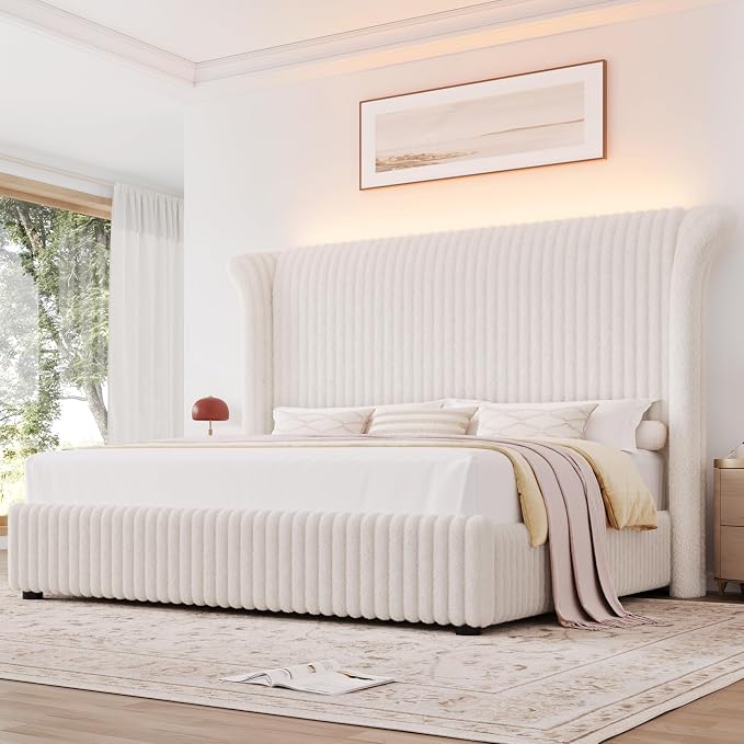 Keyluv Queen Bed Frame with 54” Tall Faux-Fur Wingback Headboard, Upholstered Platform Bed with LED Light, Mattress Foundation with Solid Wooden Slats Support, No Box Spring Needed, Noise-Free, Beige