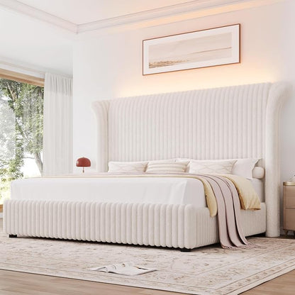 Keyluv Queen Bed Frame with 54” Tall Faux-Fur Wingback Headboard, Upholstered Platform Bed with LED Light, Mattress Foundation with Solid Wooden Slats Support, No Box Spring Needed, Noise-Free, Beige