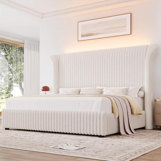 Keyluv Queen Bed Frame with 54” Tall Faux-Fur Wingback Headboard, Upholstered Platform Bed with LED Light, Mattress Foundation with Solid Wooden Slats Support, No Box Spring Needed, Noise-Free, Beige