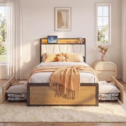 LIKIMIO Twin Bed Frames with 2 Storage Drawers, Charging Station & LED Lights, Platform Twin Bed with Boucle Upholstered Headboard, Strong Metal Slats, No Box Spring Needed, Easy Assembly, Wood/Cream