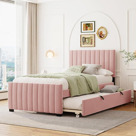 Twin Size Bed Frame with Trundle Bed,Velvet Upholstered Bed Frame,Twin Size Trundle Bed with Headboard,Upholstered Platform Bed Twin for Kids Teens Adults(Pink)