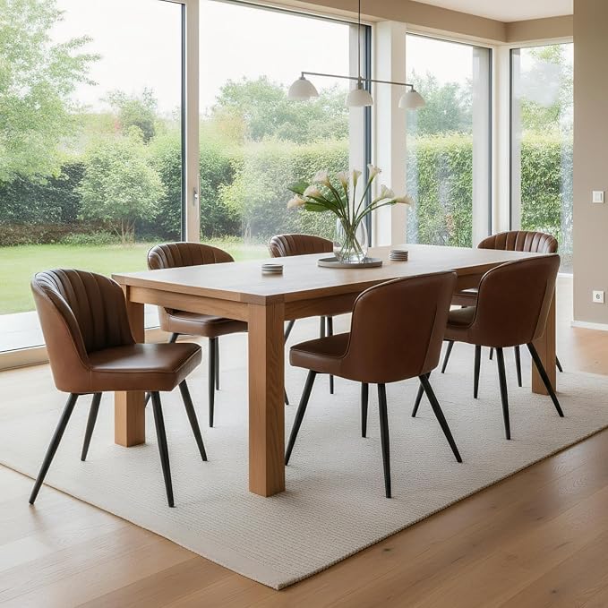 ROCITY Brown Leather Dining Chairs Set of 6 Upholstered Dining Room Chairs with Back Mid Century Modern Accent Chairs Armless Side Chairs for Kitchen/Dining Room/Living Room