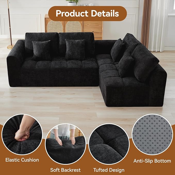 110''Modular Sectional Couches for Living Room, Cloud Boneless Compressed Sofa Right Facing Chaise, Oversized L Shaped 4 Seater Memory Foam Sofa, No Assembly, Chenille Black