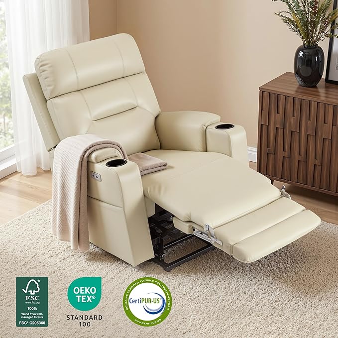 MCombo Lift Chair for Tall Man 6‘6’’, Dual Motor Power Lift Recliner Chair for Elderly, Lay Flat for Sleeping, Heat and Massage, USB & Type C, Faux Leather 7755 (Cream White)
