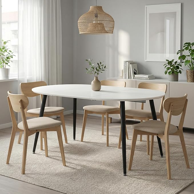 Extendable Round Dining Table for 4 6, Solid Wood for Dining Room Kitchen Office, 43"- 74" Modern Oval Kitchen Table, Removable Leaves Space Saving Expandable Dinner Table White