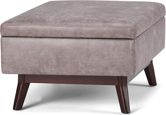 SIMPLIHOME Owen Coffee Table Storage Ottoman - 34" Wide x 19" High Upholstered Vegan Leather Rectangular Lift-Top Ottoman in Distressed Grey Taupe, Mid-Century Modern Bench with Tapered Legs
