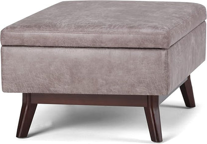 SIMPLIHOME Owen Coffee Table Storage Ottoman - 34" Wide x 19" High Upholstered Vegan Leather Rectangular Lift-Top Ottoman in Distressed Grey Taupe, Mid-Century Modern Bench with Tapered Legs