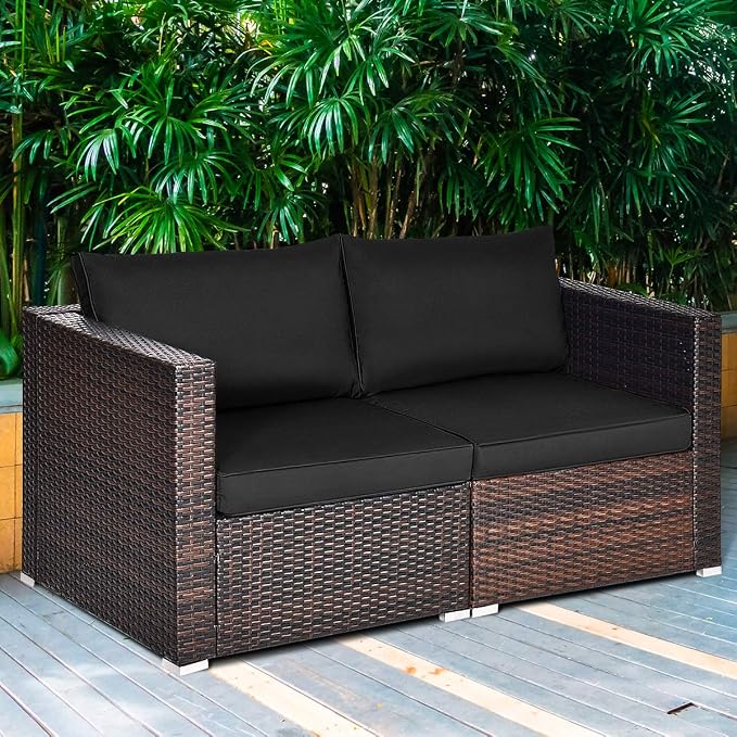 Tangkula 2 Seat Outdoor Wicker Loveseat Sofa Set, Modular PE Rattan 2 Pieces Outdoor Wicker Corner Sofa, Outside Furniture Set for Deck, Backyard, Porch, Garden & Poolside, Black