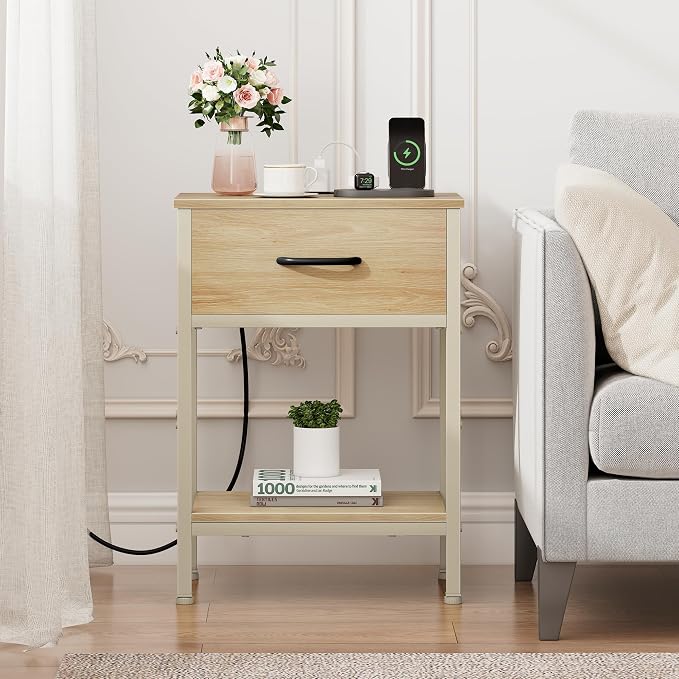 Vagusicc Nightstand with Charging Station, End Table with Fabric Drawer, Small Side Table with 2-Tier Storage Shelves, 25.4" Tall Night Stand, Bedside Table for Bedroom, Living Room, Dorm, Natural